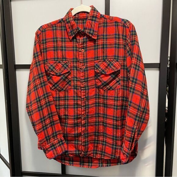[M] Vintage Women’s Red Black & Yellow Plaid Pattern Casual Button Down Shirt - Picture 2 of 14